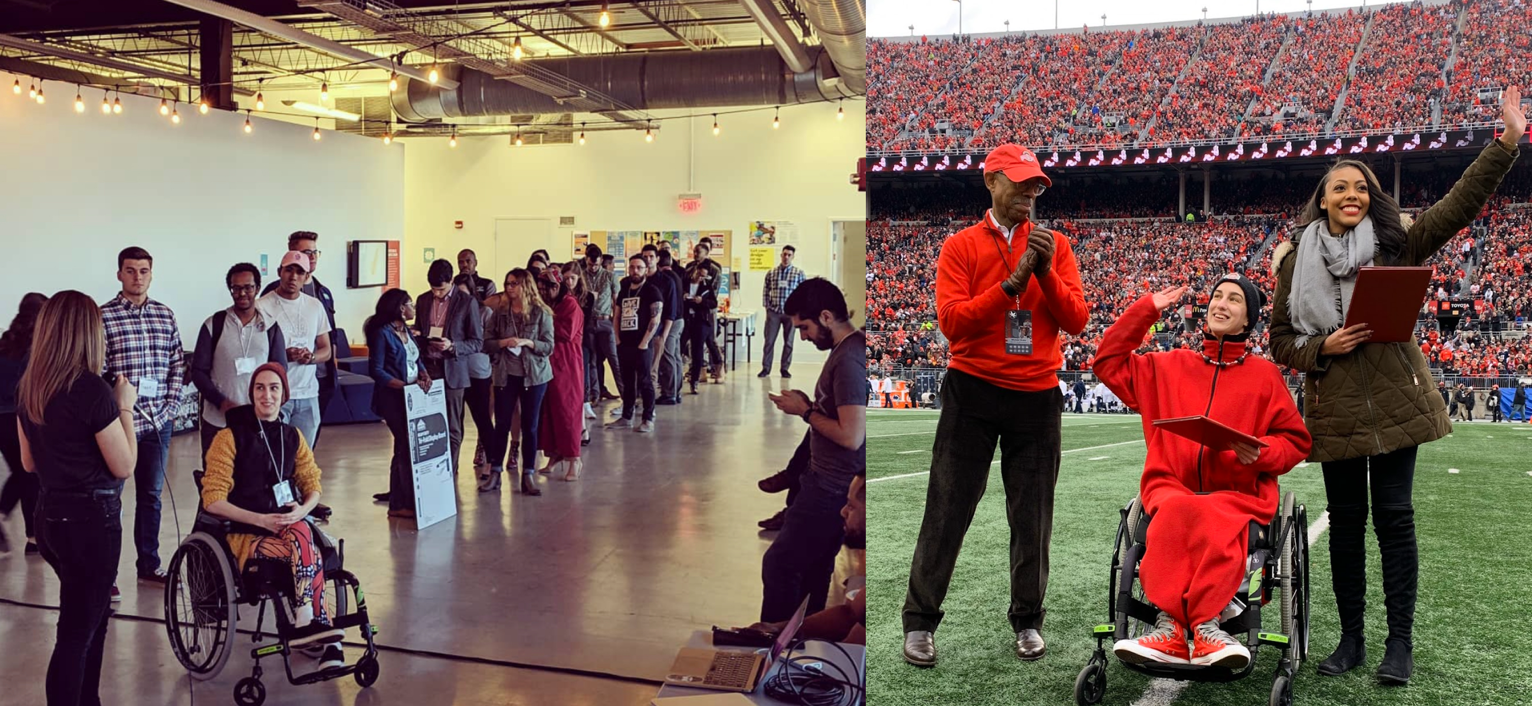 Jen, the founder, at an art opening and accepting an award from previous Ohio State President Drake in the Horseshoe